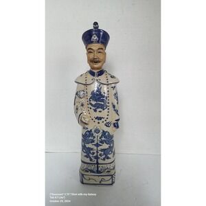 Vintage Chinese‎ Blue White Ceramic Figurine Emperor Statue Asian Decor